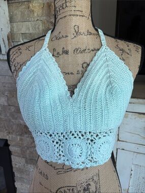Devi light blue crochet halter top with lace crochet trim cotton boho hippie